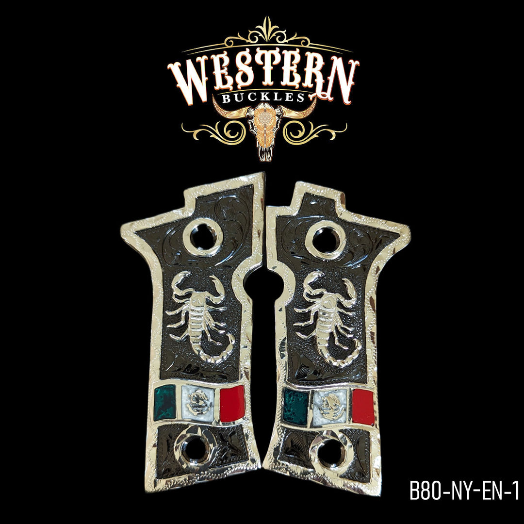Beretta 80X Scorpion Cachas — Hand-Engraved | .925 Silver Plated & Nickel | Handcrafted by Western Buckles | SKU B80-NY-EN-1