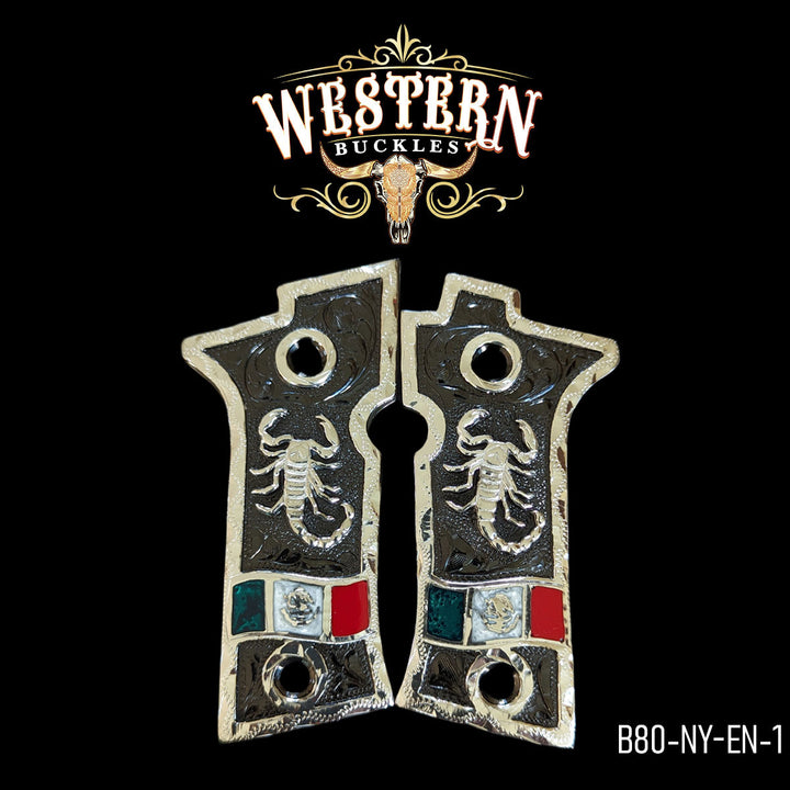 Beretta 80X Scorpion Cachas — Hand-Engraved | .925 Silver Plated &amp; Nickel | Handcrafted by Western Buckles | SKU B80-NY-EN-1