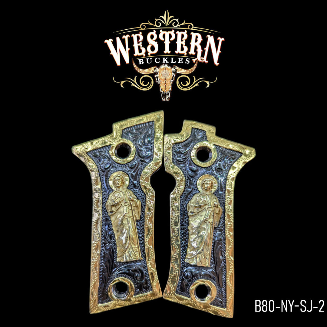 Beretta 80X San Judas Cachas — 24K Gold Plated & Black Nickel | Handcrafted by Western Buckles | SKU B80-NY-SJ-2