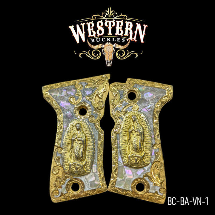 Beretta Compact Virgin of Guadalupe Cachas — Artisan Resin | Handcrafted by Western Buckles | SKU BC-BA-VN-1
