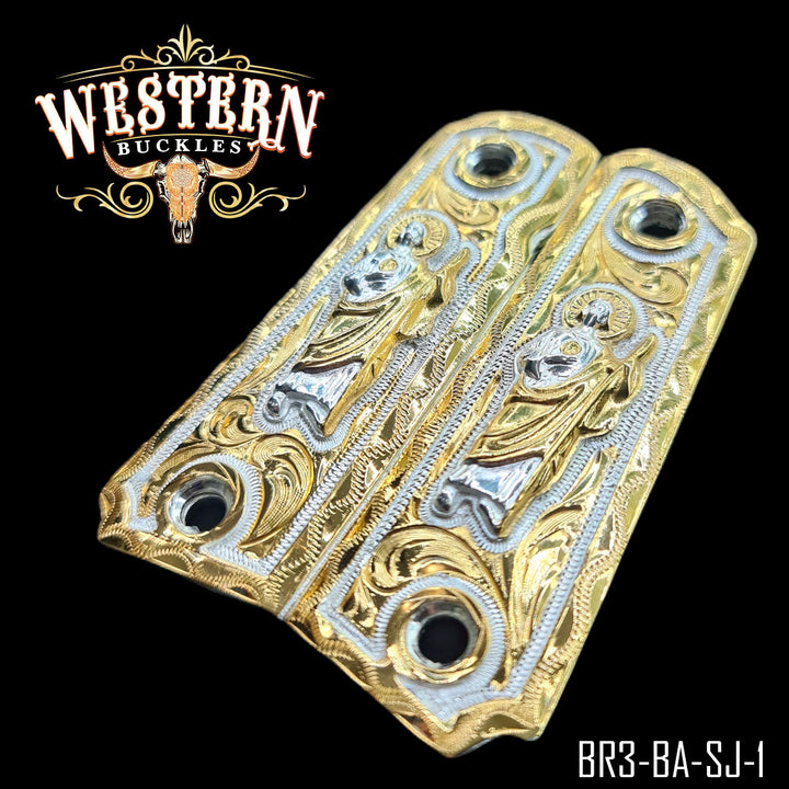 1911 San Judas Gun Grips — Detail View | Western Buckles Handcrafted | SKU BR3-BA-SJ-1