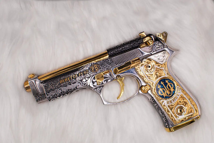 92FS Fullsize Beretta Gold and Resin Engraved-The Western Buckles