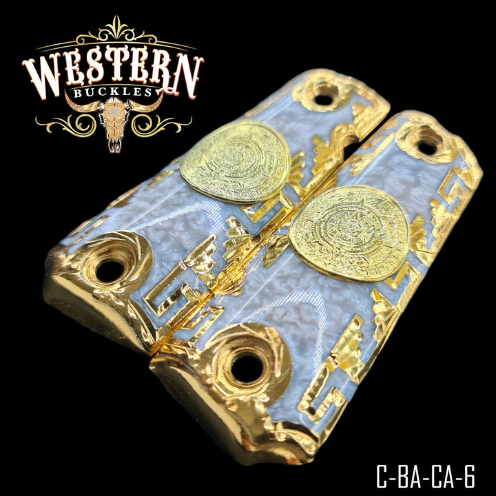 1911 Aztec Calendar Gun Grips — Artisan Resin — Detail View | Western Buckles Handcrafted | SKU C-BA-CA-6