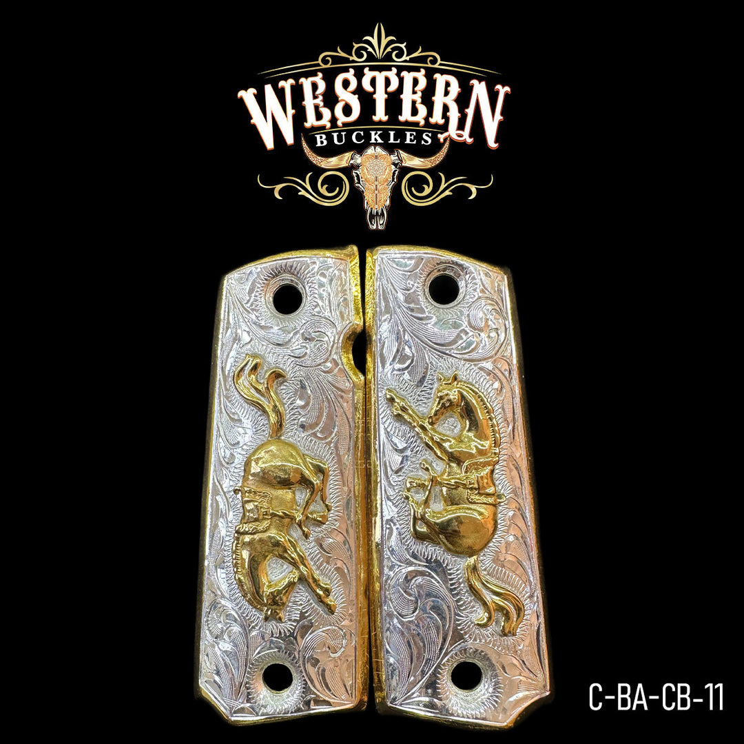 1911 Horse Gun Grips — 24K Gold Plated & .925 Silver Plated | Handcrafted by Western Buckles | SKU C-BA-CB-11