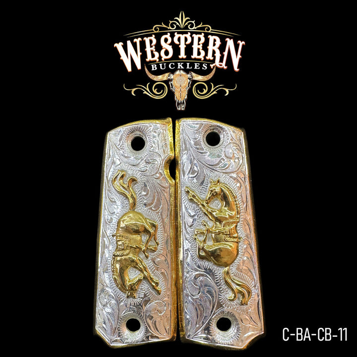 1911 Horse Gun Grips — 24K Gold Plated &amp; .925 Silver Plated | Handcrafted by Western Buckles | SKU C-BA-CB-11