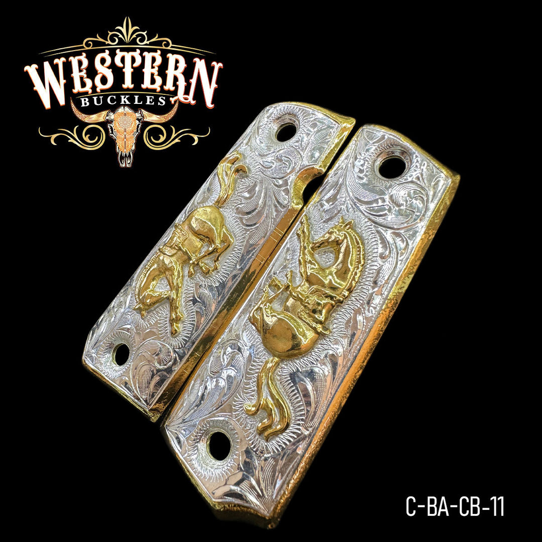 1911 Horse Gun Grips — 24K Gold Plated &amp; .925 Silver Plated — Detail View | Western Buckles Handcrafted | SKU C-BA-CB-11
