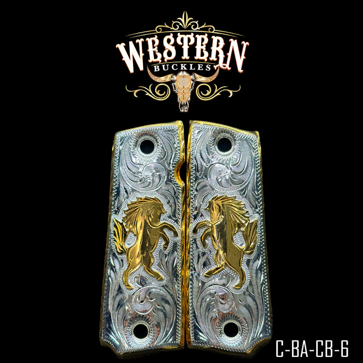 1911 Horse Gun Grips — 24K Gold Plated &amp; .925 Silver Plated | Handcrafted by Western Buckles | SKU C-BA-CB-6