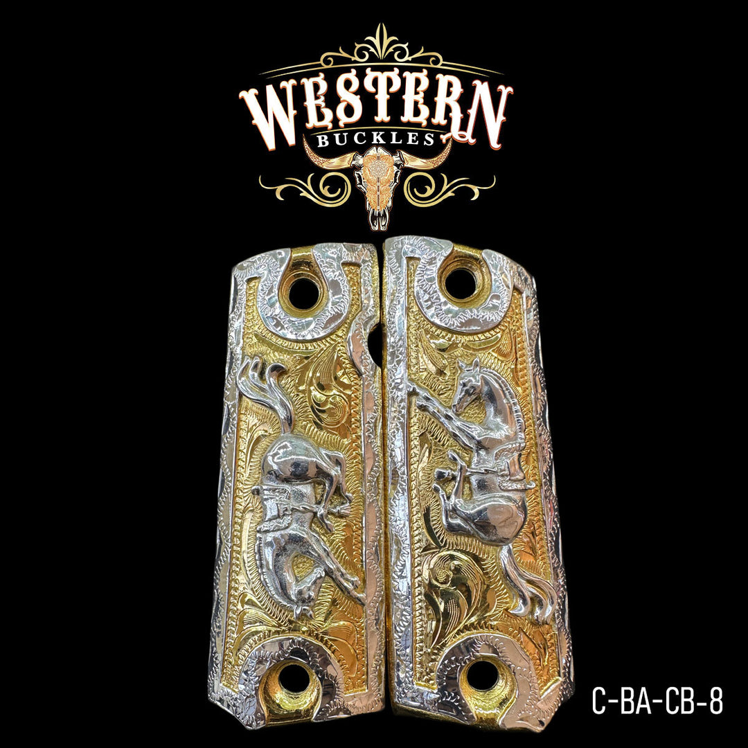 1911 Horse Gun Grips — 24K Gold Plated & .925 Silver Plated | Handcrafted by Western Buckles | SKU C-BA-CB-8