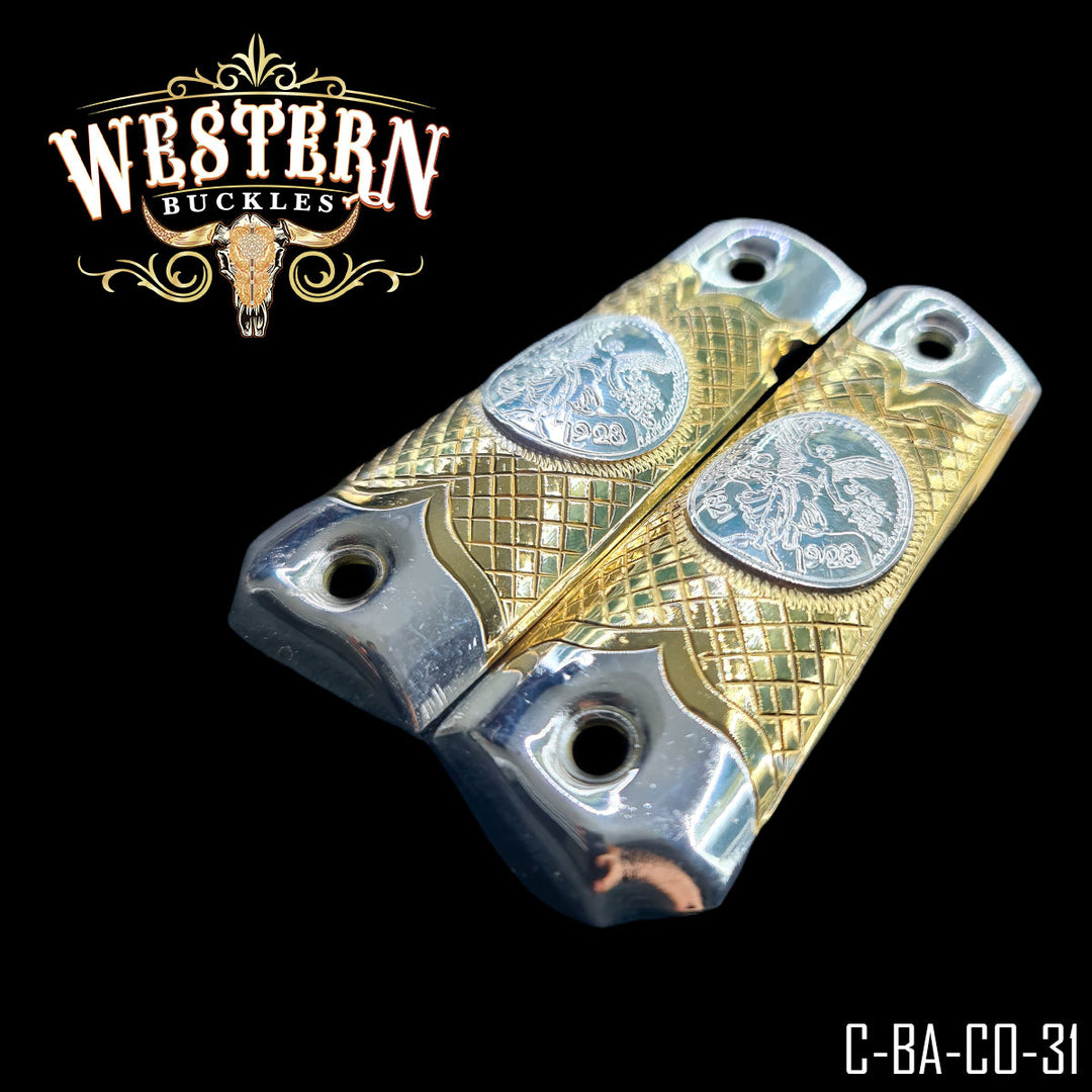 1911 Centenario Cachas — Hand-Engraved | 24K Gold Plated &amp; .925 Silver Plated — Detail View | Western Buckles Handcrafted | SKU C-BA-CO-31
