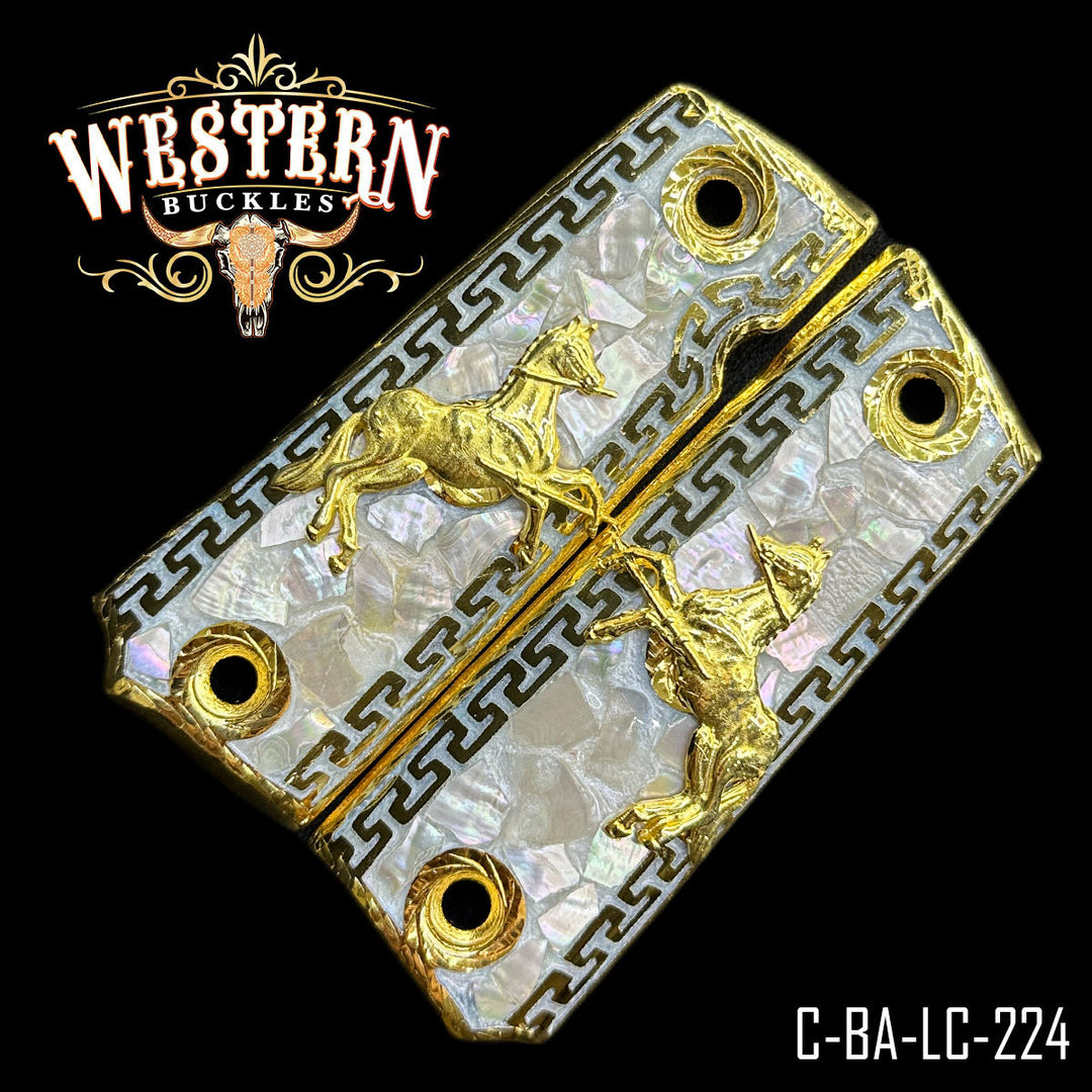 1911 Horse Gun Grips — Nácar — Detail View | Western Buckles Handcrafted | SKU C-BA-LC-224