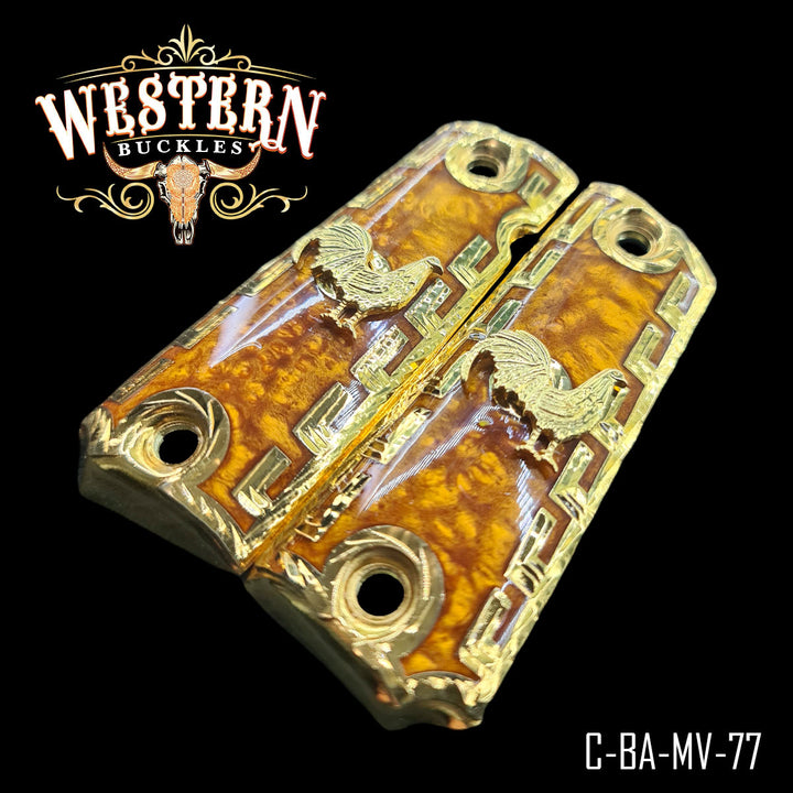 Colt 1911 Rooster Cachas — Artisan Resin — Detail View | Western Buckles Handcrafted | SKU C-BA-MV-77