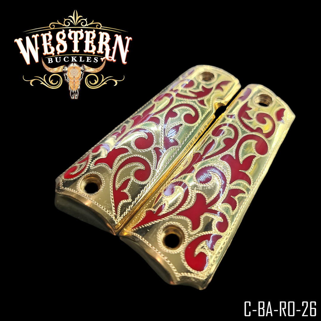 1911 Gun Grips — Artisan Resin | 24K Gold Plated — Detail View | Western Buckles Handcrafted | SKU C-BA-RO-26