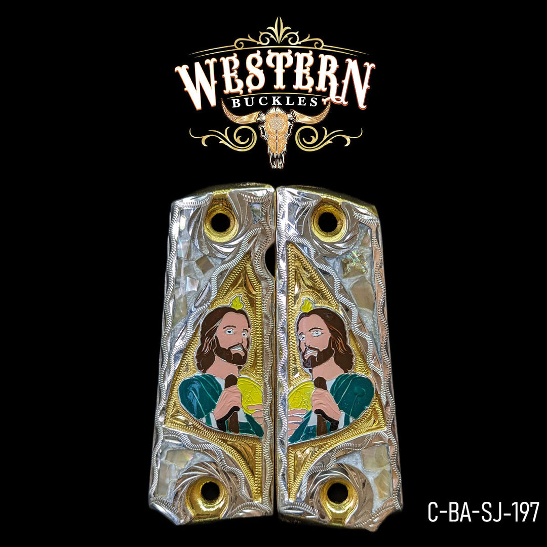 1911 San Judas Cachas — Artisan Resin | 24K Gold Plated & .925 Silver Plated | Handcrafted by Western Buckles | SKU C-BA-SJ-197