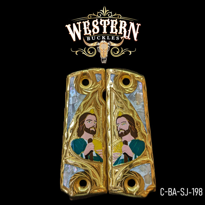 1911 Saint Jude Gun Grips — Artisan Resin | 24K Gold Plated | Handcrafted by Western Buckles | SKU C-BA-SJ-198