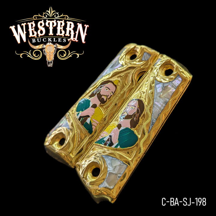 1911 Saint Jude Gun Grips — Artisan Resin | 24K Gold Plated — Detail View | Western Buckles Handcrafted | SKU C-BA-SJ-198