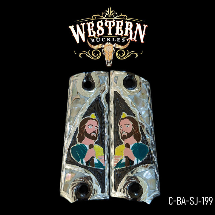 1911 Saint Jude Gun Grips — .925 Silver Plated &amp; Black Nickel | Handcrafted by Western Buckles | SKU C-BA-SJ-199