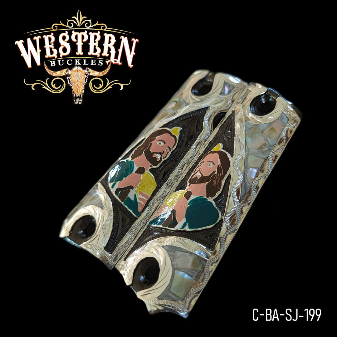 1911 Saint Jude Gun Grips — .925 Silver Plated &amp; Black Nickel — Detail View | Western Buckles Handcrafted | SKU C-BA-SJ-199