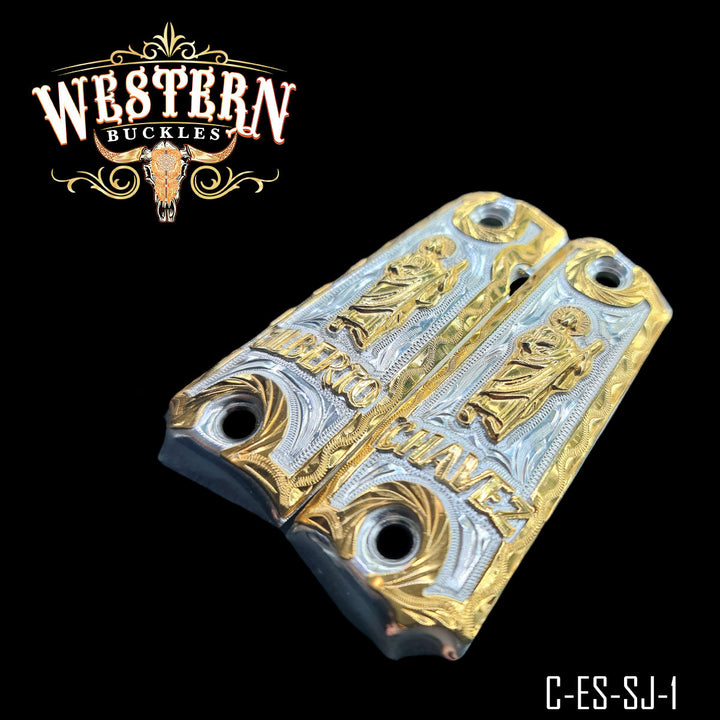 1911 Saint Jude Gun Grips — Hand-Engraved — Detail View | Western Buckles Handcrafted | SKU C-ES-SJ-1