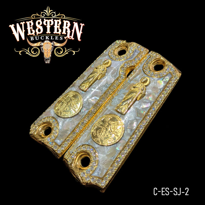 1911 San Judas Centenario Cachas — Detail View | Western Buckles Handcrafted | SKU C-ES-SJ-2