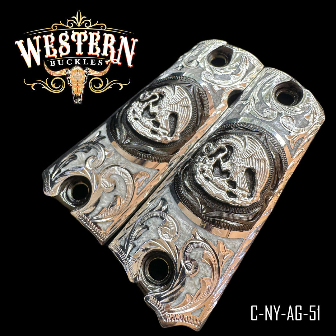 Colt 1911 Eagle Cachas — Artisan Resin — Detail View | Western Buckles Handcrafted | SKU C-NY-AG-51