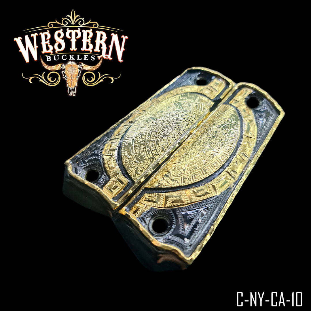 1911 Aztec Calendar Cachas — Hand-Engraved | 24K Gold Plated — Detail View | Western Buckles Handcrafted | SKU C-NY-CA-10