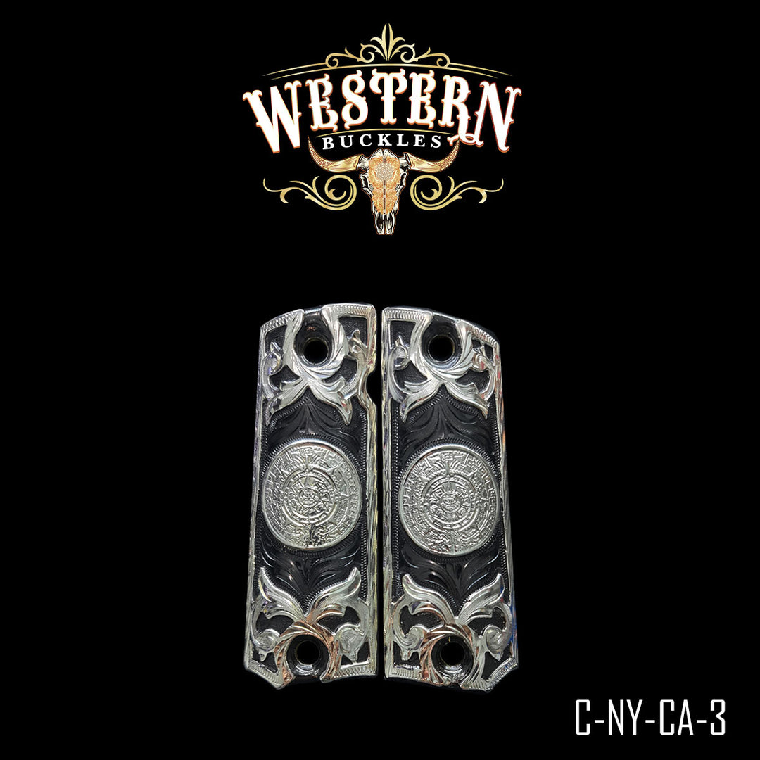 1911 Aztec Calendar Gun Grips — Hand-Engraved | .925 Silver Plated & Black Nickel | Handcrafted by Western Buckles | SKU C-NY-CA-3