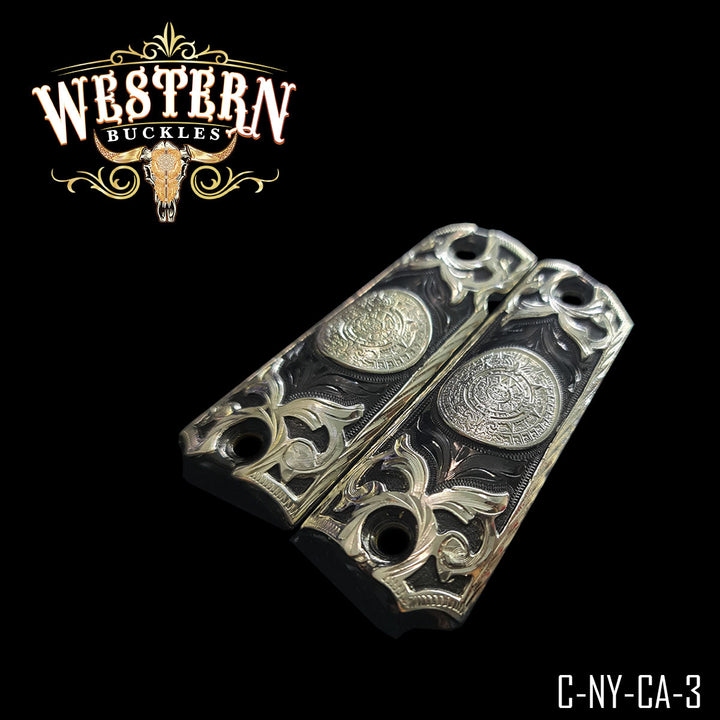 1911 Aztec Calendar Gun Grips — Hand-Engraved | .925 Silver Plated &amp; Black Nickel — Detail View | Western Buckles Handcrafted | SKU C-NY-CA-3