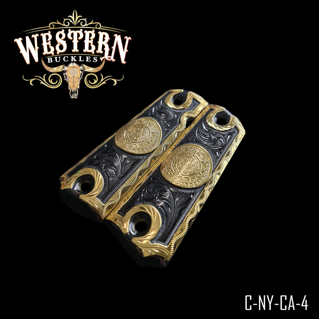 1911 Aztec Calendar Cachas — Hand-Engraved — Detail View | Western Buckles Handcrafted | SKU C-NY-CA-4