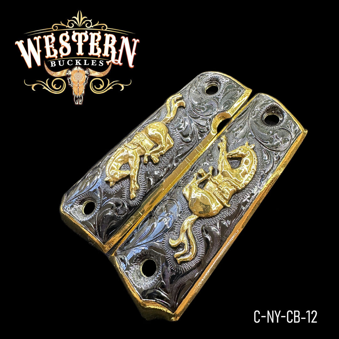 Colt 1911 Horse Gun Grips — 24K Gold Plated — Detail View | Western Buckles Handcrafted | SKU C-NY-CB-12