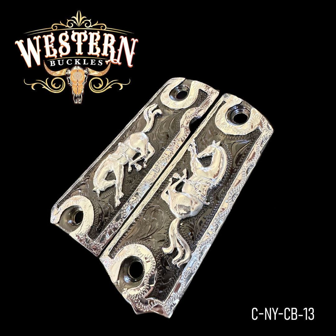 Colt 1911 Horse Gun Grips — .925 Silver Plated — Detail View | Western Buckles Handcrafted | SKU C-NY-CB-13