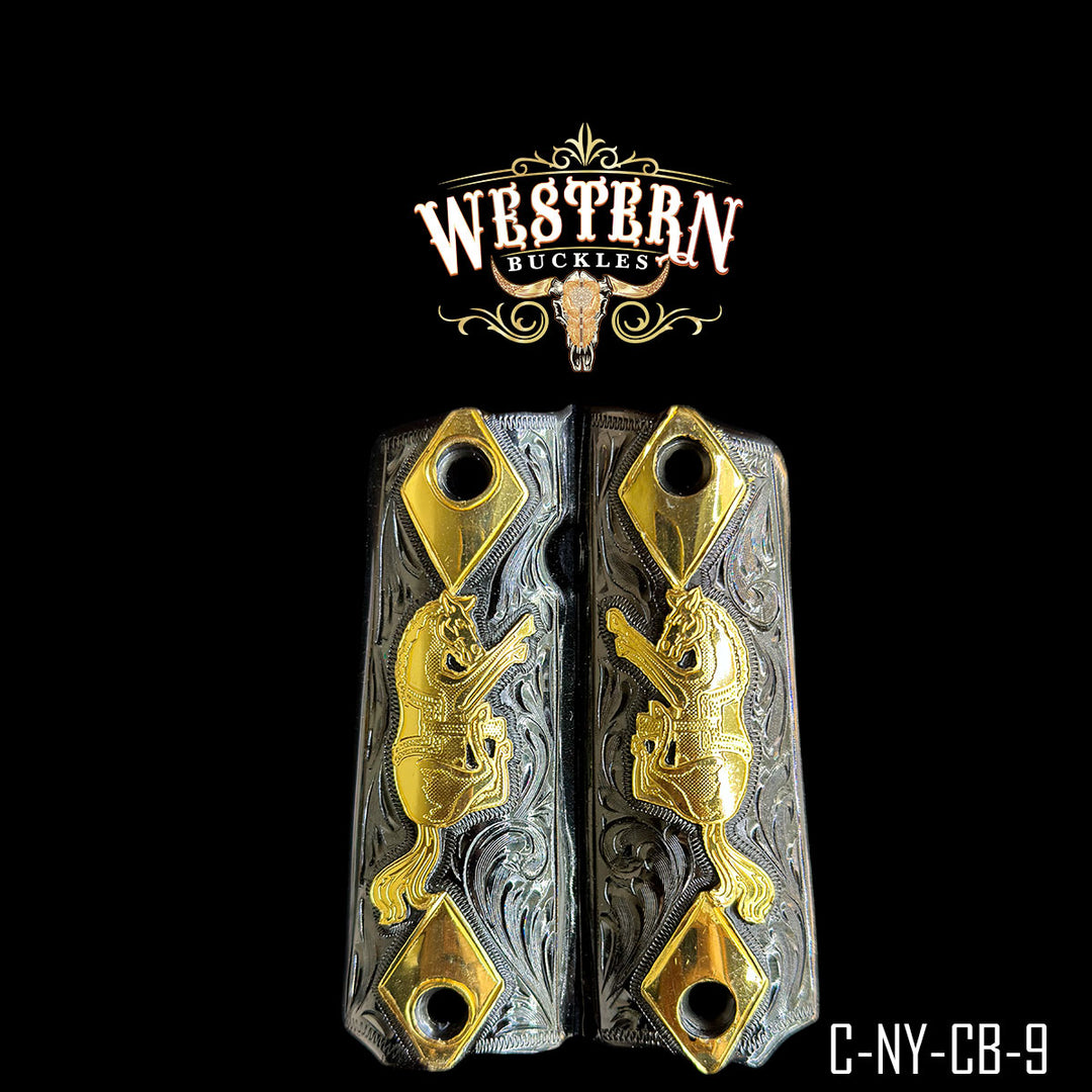 1911 Horse Cachas — 24K Gold Plated & Black Nickel | Handcrafted by Western Buckles | SKU C-NY-CB-9