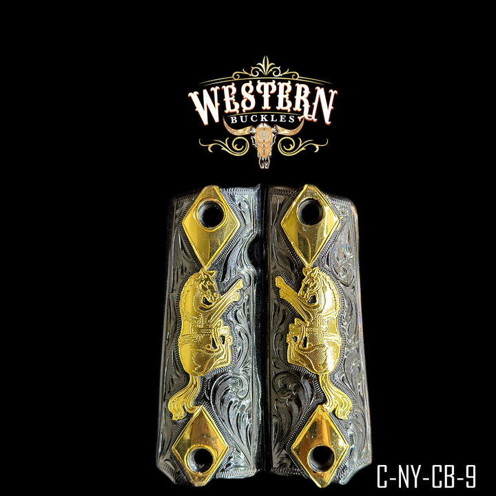 1911 Horse Cachas — 24K Gold Plated &amp; Black Nickel | Handcrafted by Western Buckles | SKU C-NY-CB-9
