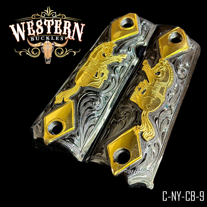 1911 Horse Cachas — 24K Gold Plated &amp; Black Nickel — Detail View | Western Buckles Handcrafted | SKU C-NY-CB-9