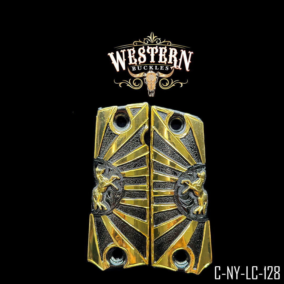 1911 Horse Gun Grips — 24K Gold Plated & Black Nickel | Handcrafted by Western Buckles | SKU C-NY-LC-128