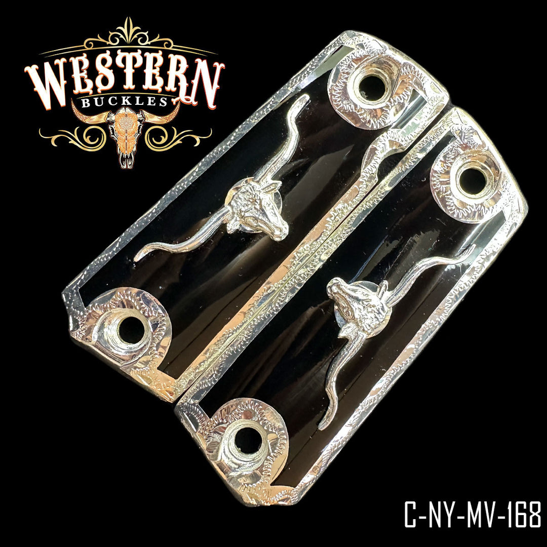 1911 Bull Gun Grips — Artisan Resin | 24K Gold Plated — Detail View | Western Buckles Handcrafted | SKU C-NY-MV-168