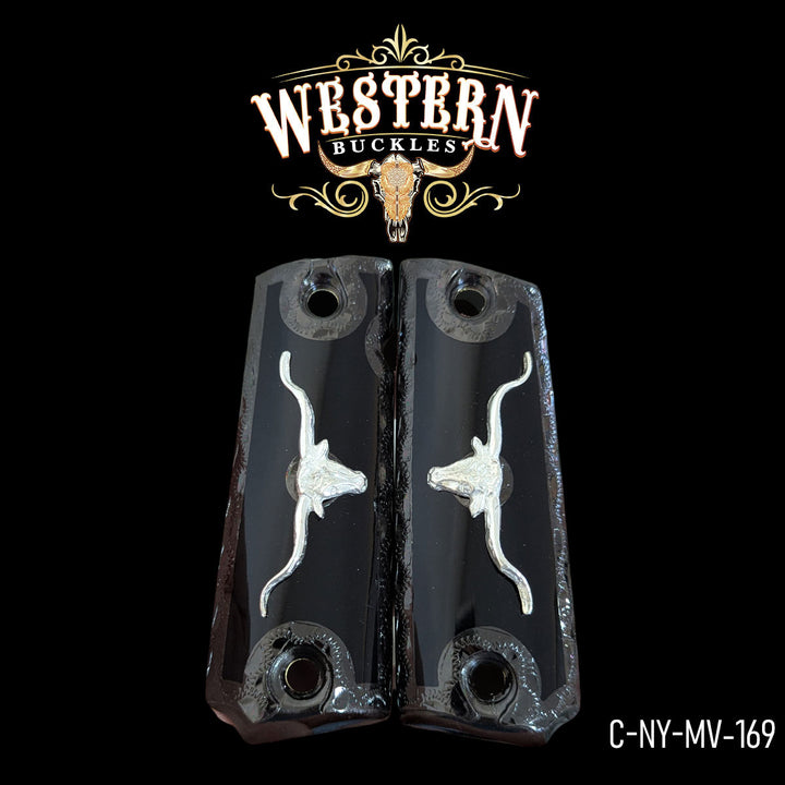 1911 Bull Gun Grips — Artisan Resin | 24K Gold Plated &amp; Black Nickel | Handcrafted by Western Buckles | SKU C-NY-MV-169
