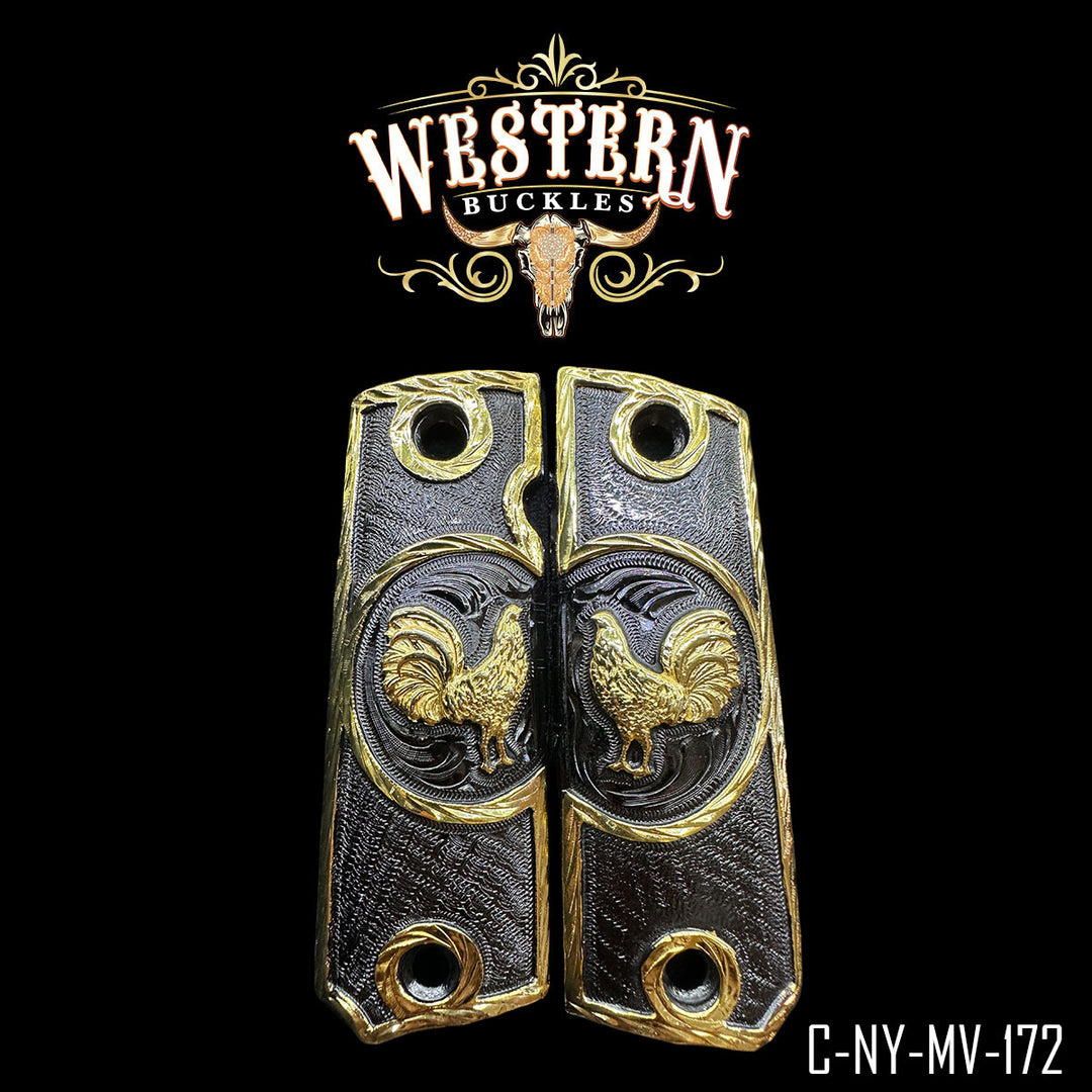 1911 Rooster Cachas — 24K Gold Plated & Nickel | Handcrafted by Western Buckles | SKU C-NY-MV-172