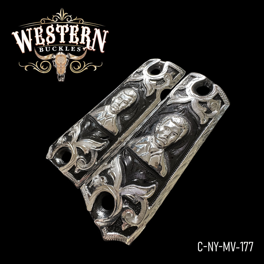 1911 Gun Grips — .925 Silver Plated &amp; Nickel — Detail View | Western Buckles Handcrafted | SKU C-NY-MV-177