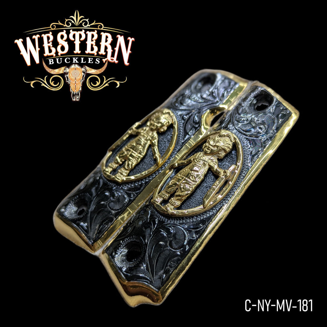 1911 Cachas — 24K Gold Plated &amp; Black Nickel — Detail View | Western Buckles Handcrafted | SKU C-NY-MV-181