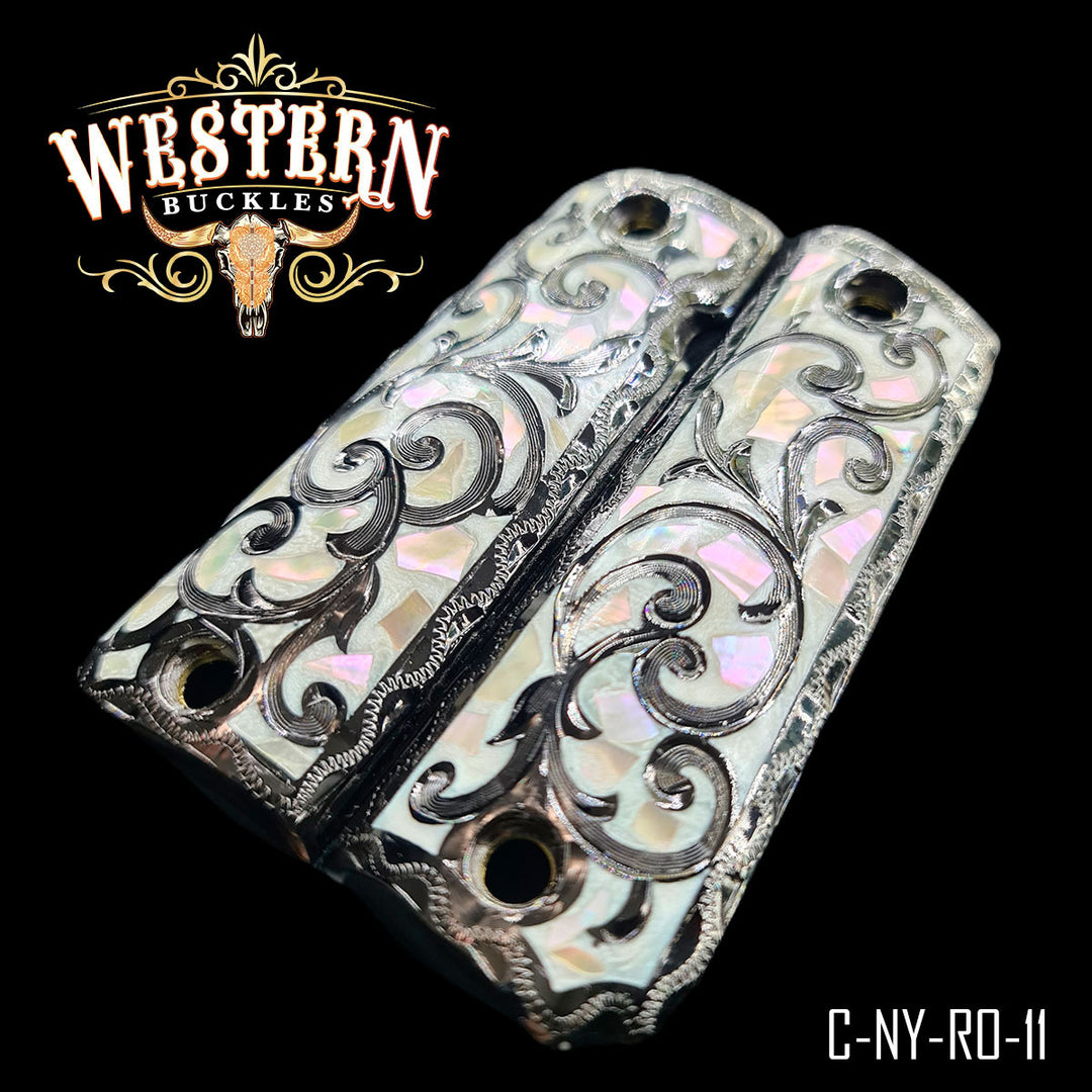 1911 Cachas — Hand-Engraved — Detail View | Western Buckles Handcrafted | SKU C-NY-RO-11