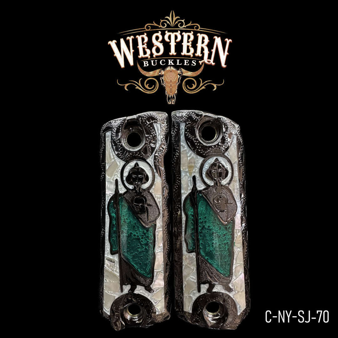 1911 Saint Jude Gun Grips — Artisan Resin | Nickel | Handcrafted by Western Buckles | SKU C-NY-SJ-70