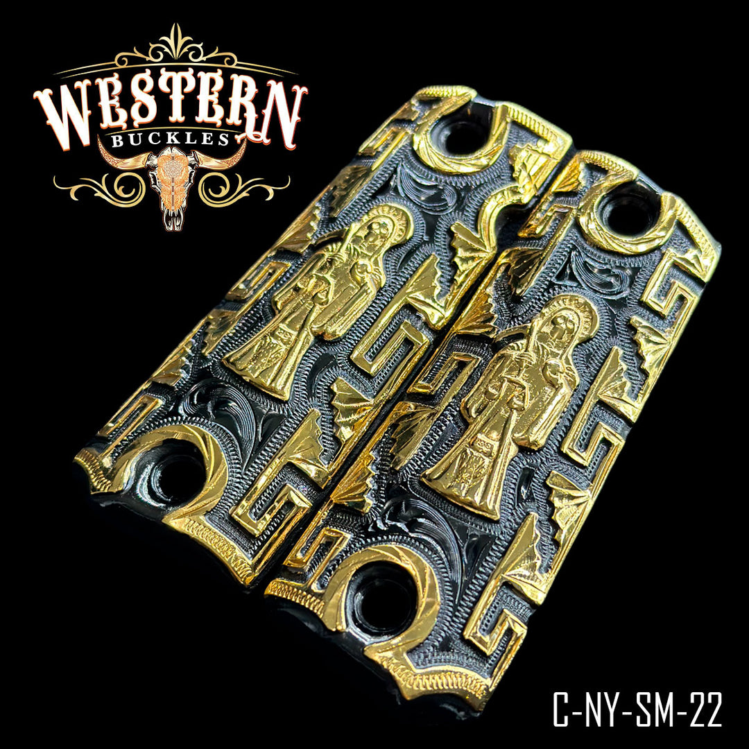 1911 Santa Muerte Gun Grips — Hand-Engraved — Detail View | Western Buckles Handcrafted | SKU C-NY-SM-22