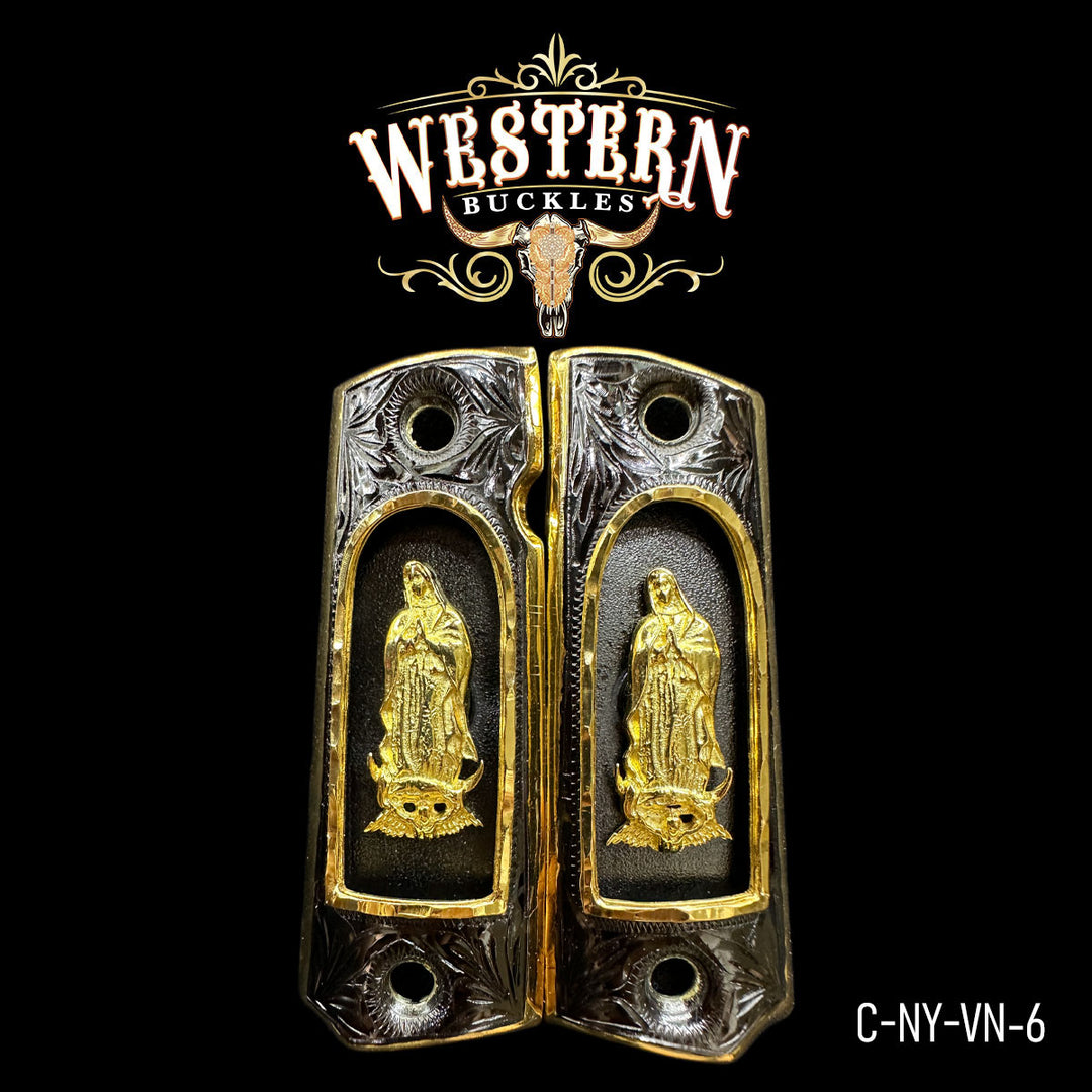 1911 Virgin of Guadalupe Cachas — 24K Gold Plated | Handcrafted by Western Buckles | SKU C-NY-VN-6