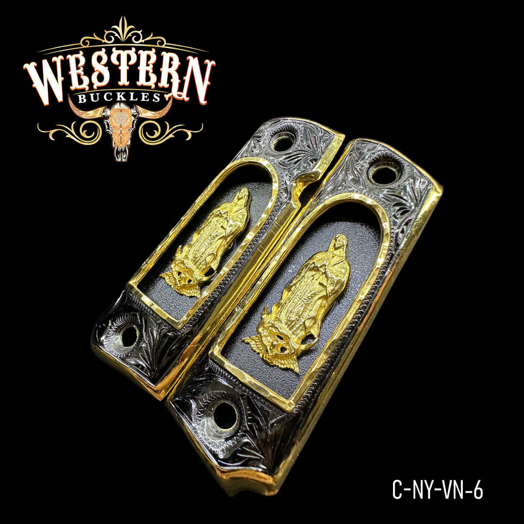 1911 Virgin of Guadalupe Cachas — 24K Gold Plated — Detail View | Western Buckles Handcrafted | SKU C-NY-VN-6