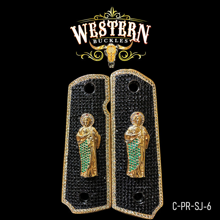 1911 Saint Jude Gun Grips — 24K Gold Plated | Handcrafted by Western Buckles | SKU C-PR-SJ-6