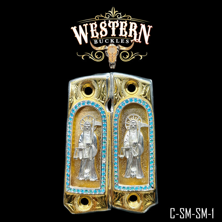 Colt 1911 Santa Muerte Cachas — 24K Gold Plated | Handcrafted by Western Buckles | SKU C-SM-SM-1