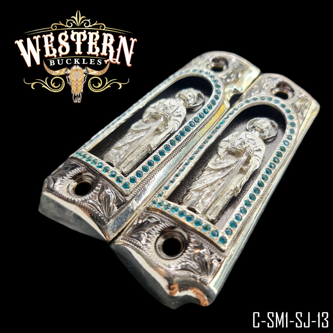 1911 San Judas Gun Grips — Detail View | Western Buckles Handcrafted | SKU C-SM1-SJ-13