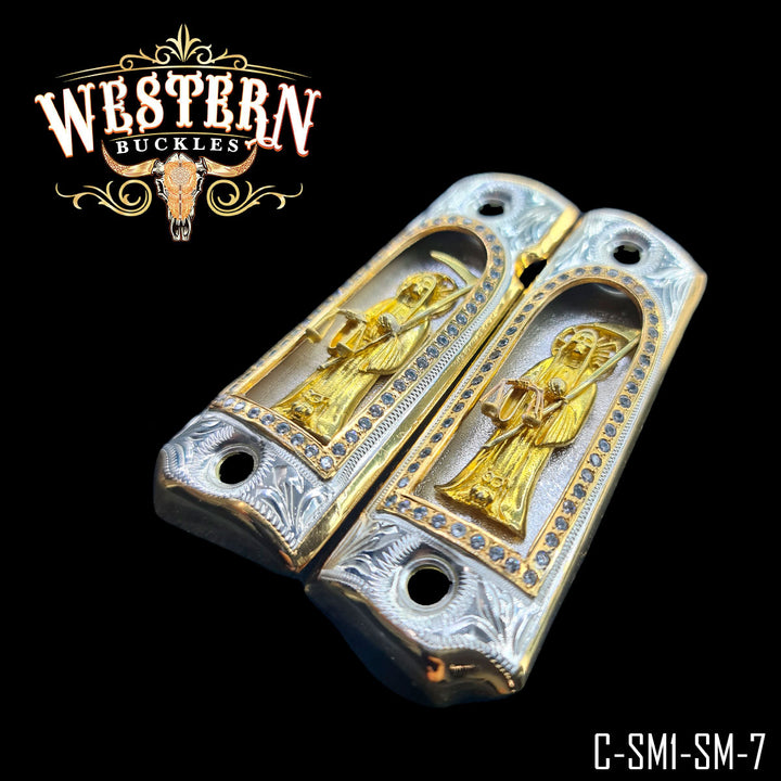 1911 Santa Muerte Gun Grips — .925 Silver Plated — Detail View | Western Buckles Handcrafted | SKU C-SM1-SM-7