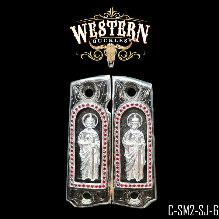 Colt 1911 San Judas Gun Grips — Nickel | Handcrafted by Western Buckles | SKU C-SM2-SJ-6