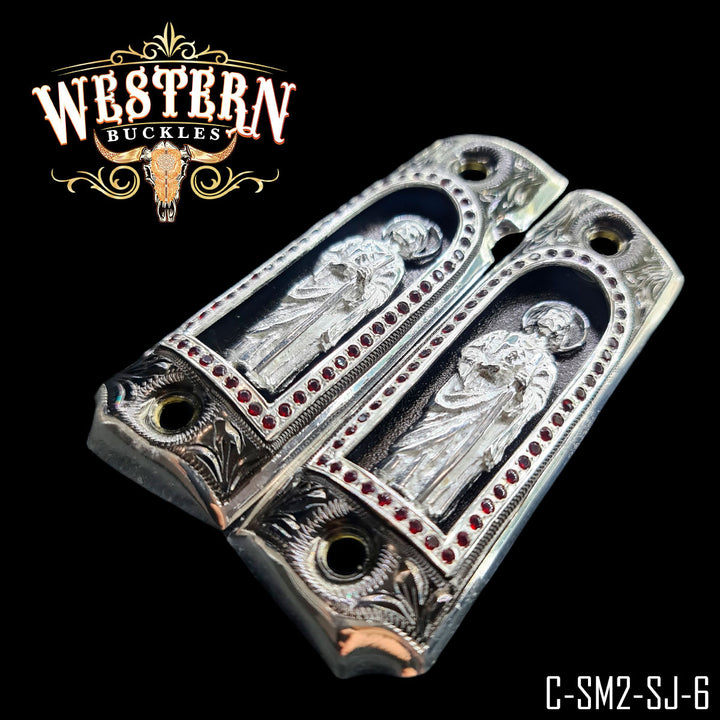 Colt 1911 San Judas Gun Grips — Nickel — Detail View | Western Buckles Handcrafted | SKU C-SM2-SJ-6